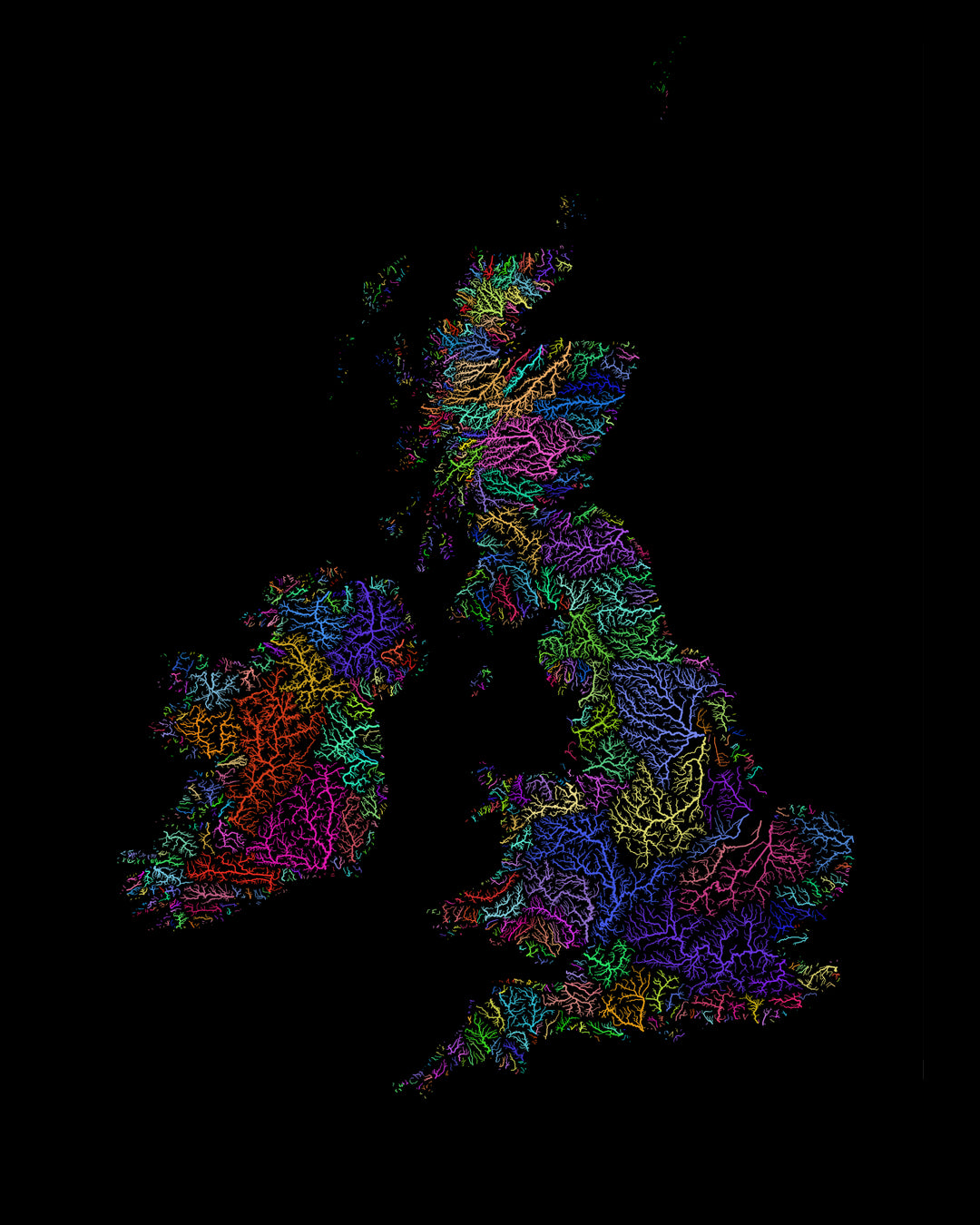 CUSTOM Great Britain and Ireland river basin map - Wall Art