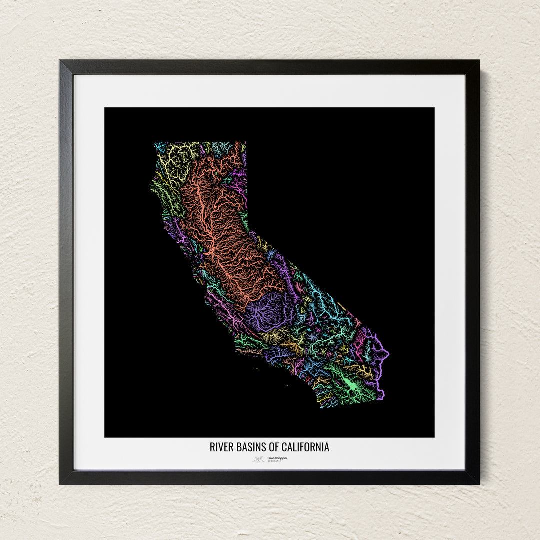 A colorful Grasshopper Geography river map on a light wall. The premium fine art poster is in a black frame with a white border. The name of the country, continent or region is printed under the image.