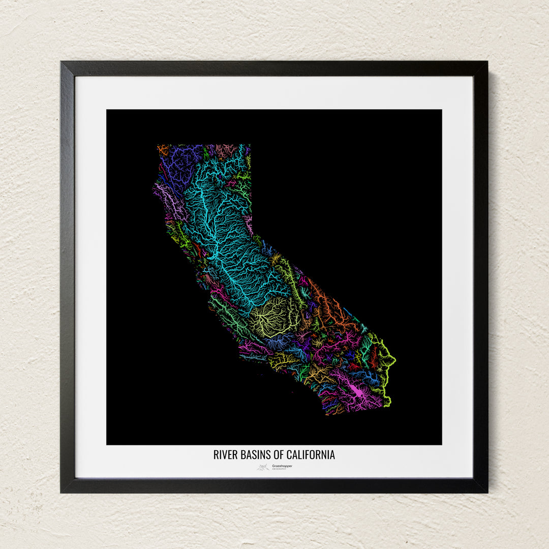 A colorful Grasshopper Geography river map on a light wall. The premium fine art poster is in a black frame with a white border. The name of the country, continent or region is printed under the image.