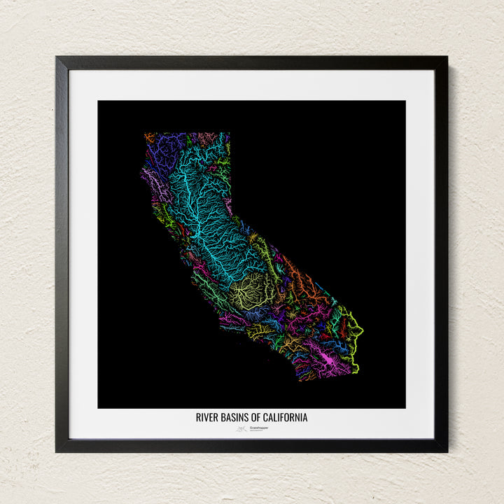 A colorful Grasshopper Geography river map on a light wall. The premium fine art poster is in a black frame with a white border. The name of the country, continent or region is printed under the image.