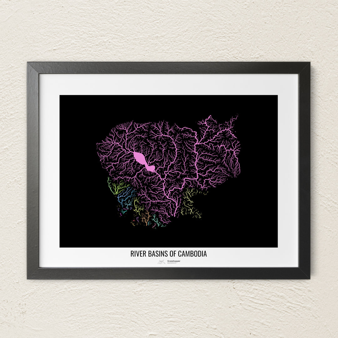 A colorful Grasshopper Geography river map on a light wall. The premium fine art poster is in a black frame with a white border. The name of the country, continent or region is printed under the image.