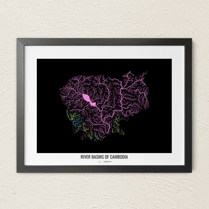 A colorful Grasshopper Geography river map on a light wall. The premium fine art poster is in a black frame with a white border. The name of the country, continent or region is printed under the image.