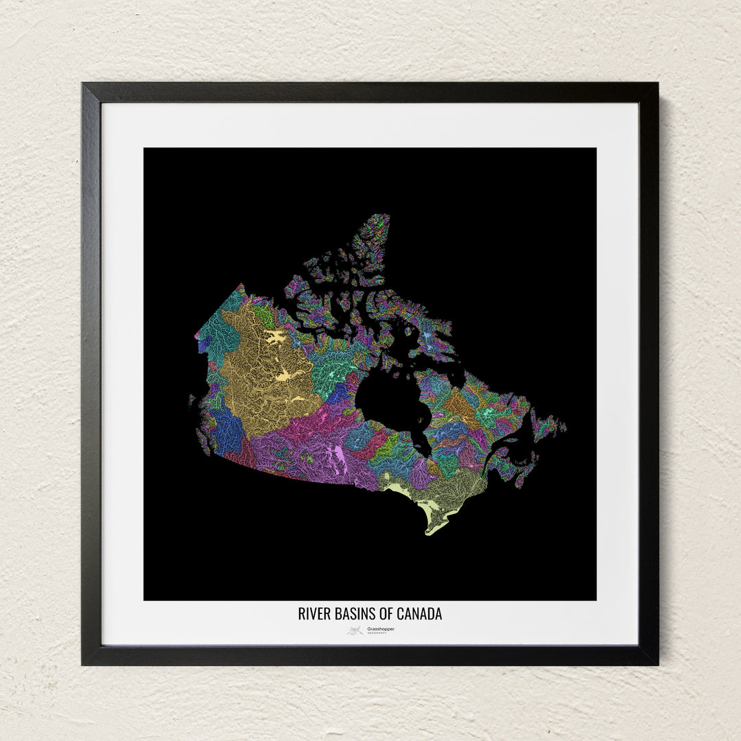A colorful Grasshopper Geography river map on a light wall. The premium fine art poster is in a black frame with a white border. The name of the country, continent or region is printed under the image.