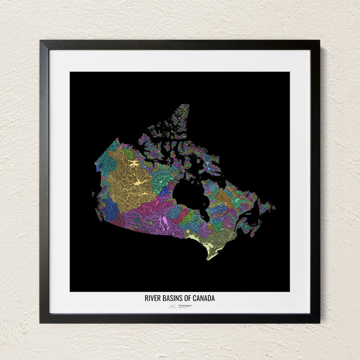 A colorful Grasshopper Geography river map on a light wall. The premium fine art poster is in a black frame with a white border. The name of the country, continent or region is printed under the image.