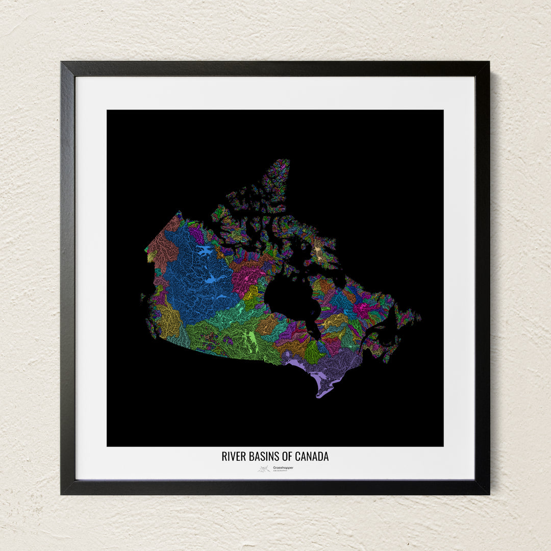 A colorful Grasshopper Geography river map on a light wall. The premium fine art poster is in a black frame with a white border. The name of the country, continent or region is printed under the image.