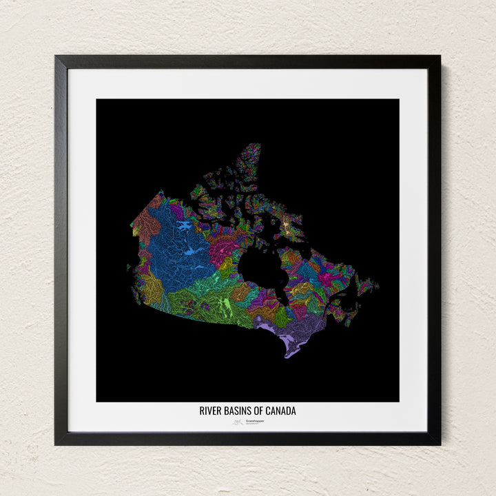 A colorful Grasshopper Geography river map on a light wall. The premium fine art poster is in a black frame with a white border. The name of the country, continent or region is printed under the image.