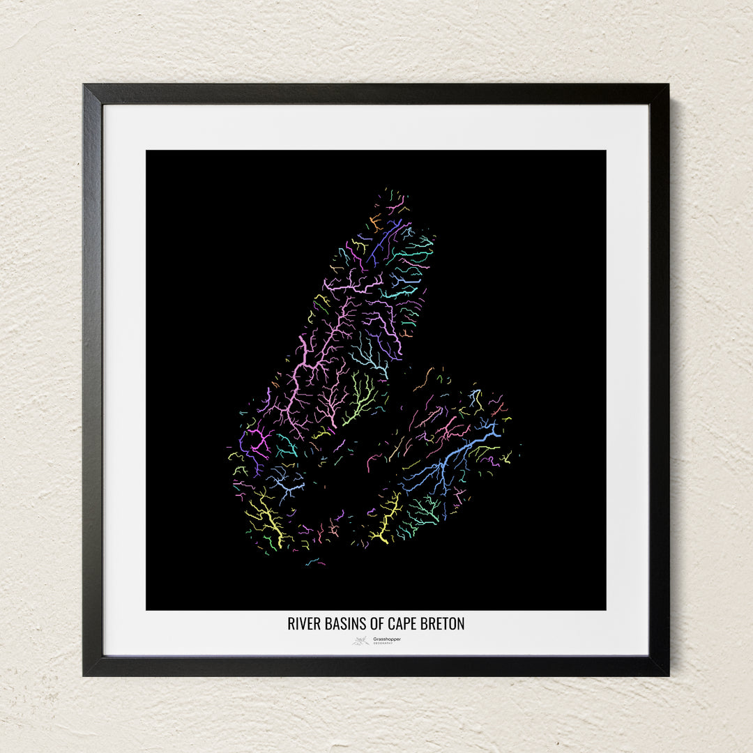 A colorful Grasshopper Geography river map on a light wall. The premium fine art poster is in a black frame with a white border. The name of the country, continent or region is printed under the image.