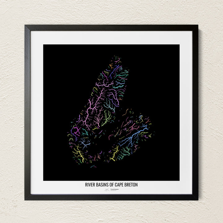 A colorful Grasshopper Geography river map on a light wall. The premium fine art poster is in a black frame with a white border. The name of the country, continent or region is printed under the image.