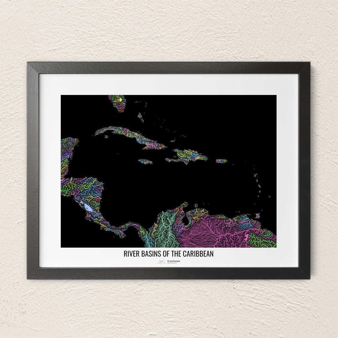 A colorful Grasshopper Geography river map on a light wall. The premium fine art poster is in a black frame with a white border. The name of the country, continent or region is printed under the image.