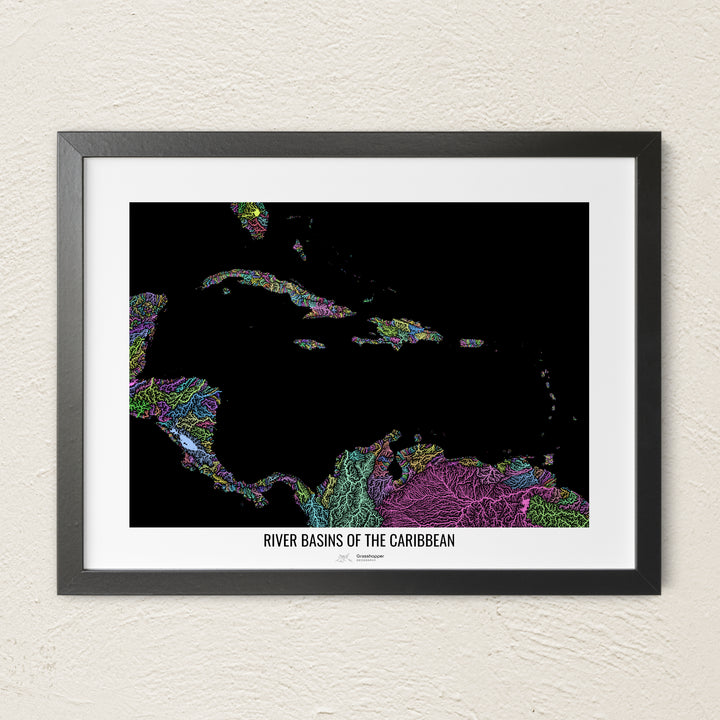 A colorful Grasshopper Geography river map on a light wall. The premium fine art poster is in a black frame with a white border. The name of the country, continent or region is printed under the image.