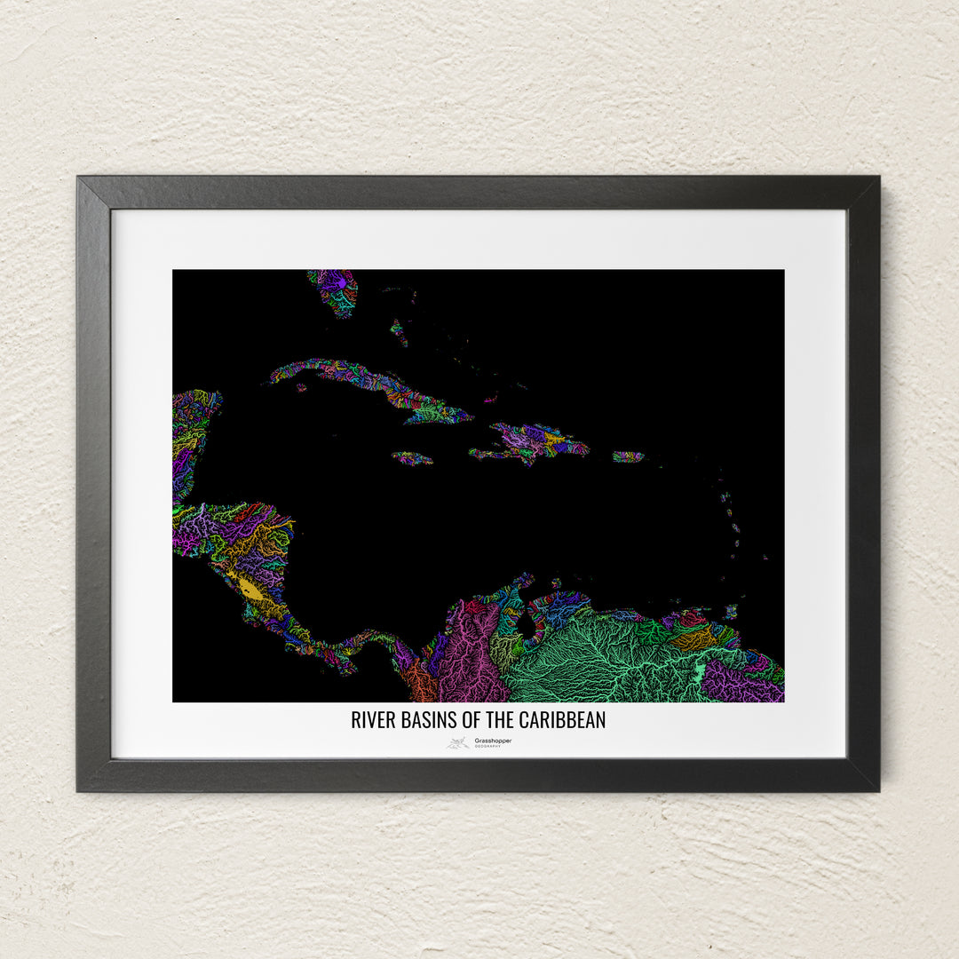 A colorful Grasshopper Geography river map on a light wall. The premium fine art poster is in a black frame with a white border. The name of the country, continent or region is printed under the image.