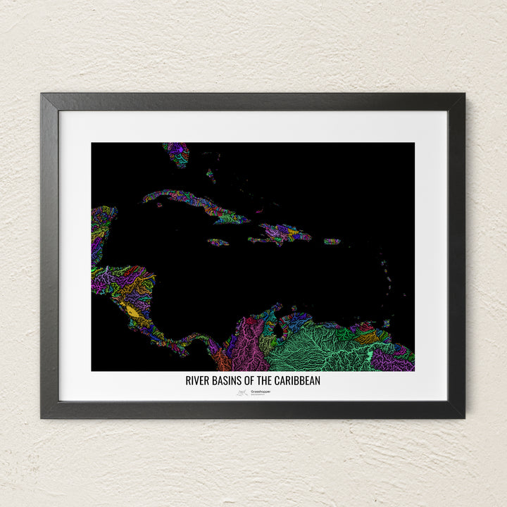 A colorful Grasshopper Geography river map on a light wall. The premium fine art poster is in a black frame with a white border. The name of the country, continent or region is printed under the image.