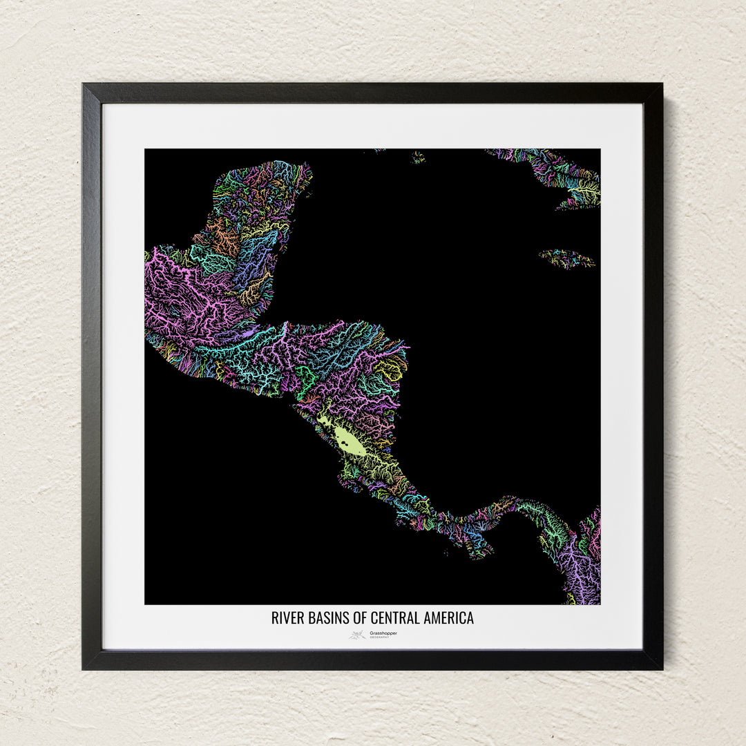 A colorful Grasshopper Geography river map on a light wall. The premium fine art poster is in a black frame with a white border. The name of the country, continent or region is printed under the image.