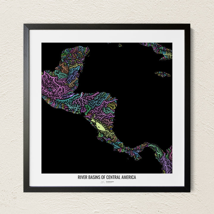A colorful Grasshopper Geography river map on a light wall. The premium fine art poster is in a black frame with a white border. The name of the country, continent or region is printed under the image.