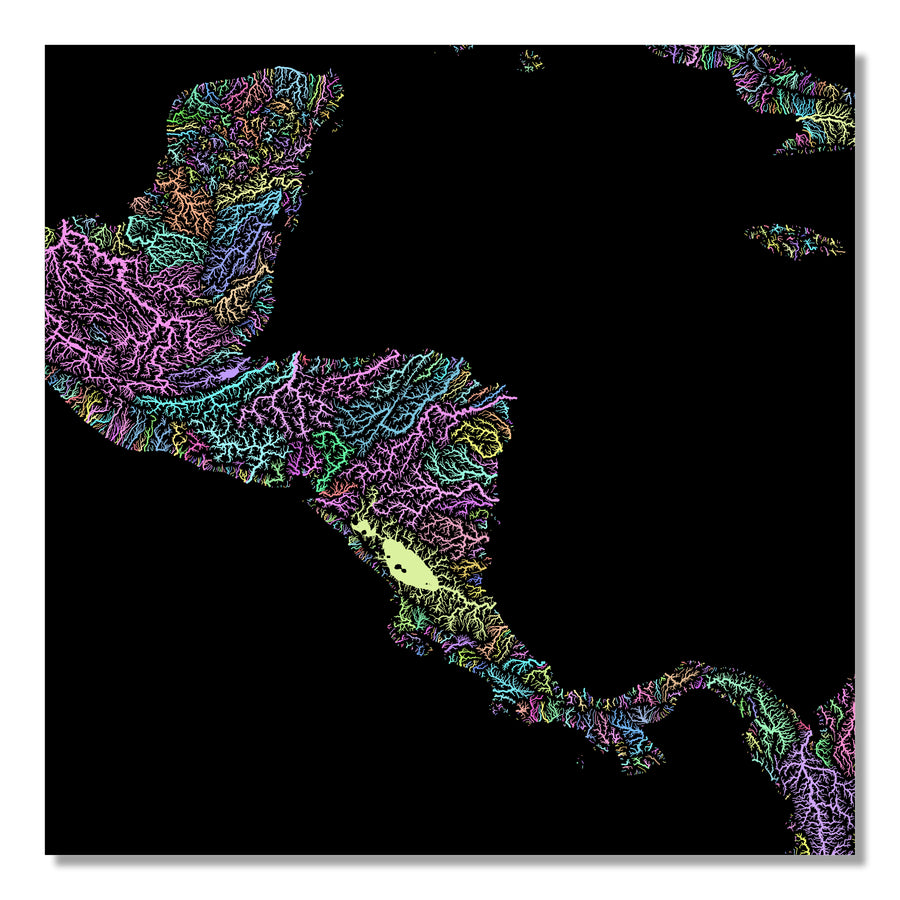 Central America - River basin map, pastel colours - Wall Art by Grasshopper Geography. Image of a high-resolution map created by geographer Robert Szucs, available as wall art and for licensing.