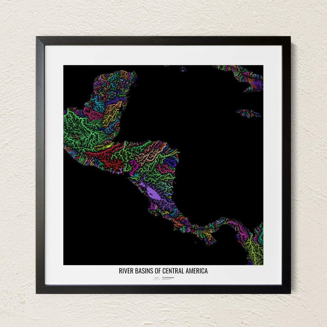 A colorful Grasshopper Geography river map on a light wall. The premium fine art poster is in a black frame with a white border. The name of the country, continent or region is printed under the image.