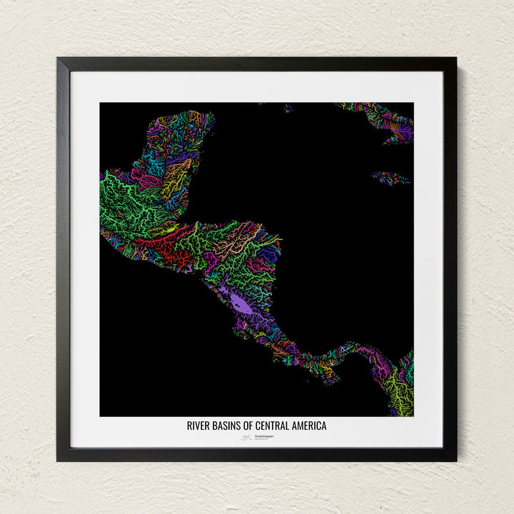 A colorful Grasshopper Geography river map on a light wall. The premium fine art poster is in a black frame with a white border. The name of the country, continent or region is printed under the image.