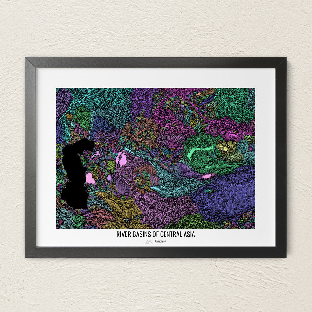 A colorful Grasshopper Geography river map on a light wall. The premium fine art poster is in a black frame with a white border. The name of the country, continent or region is printed under the image.