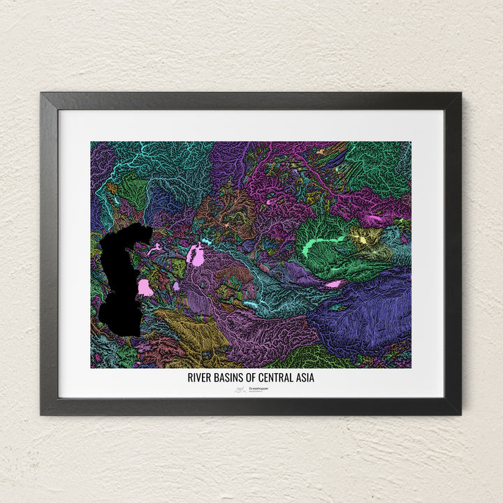 A colorful Grasshopper Geography river map on a light wall. The premium fine art poster is in a black frame with a white border. The name of the country, continent or region is printed under the image.