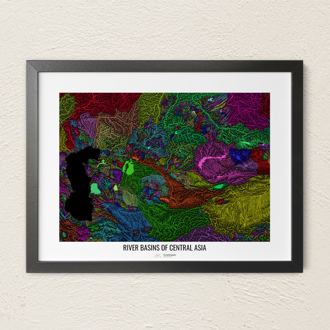 A colorful Grasshopper Geography river map on a light wall. The premium fine art poster is in a black frame with a white border. The name of the country, continent or region is printed under the image.