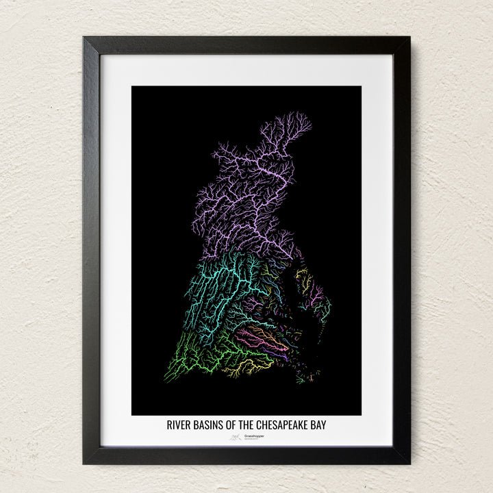 A colorful Grasshopper Geography river map on a light wall. The premium fine art poster is in a black frame with a white border. The name of the country, continent or region is printed under the image.