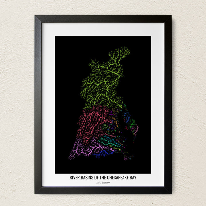 A colorful Grasshopper Geography river map on a light wall. The premium fine art poster is in a black frame with a white border. The name of the country, continent or region is printed under the image.