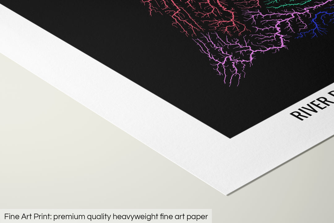 Closeup of a fine art print's corner lying on a flat surface, the details of a Grasshopper Geography map is visible. The text at the bottom reads: Fine art print - premium quality heavyweight fine art paper.