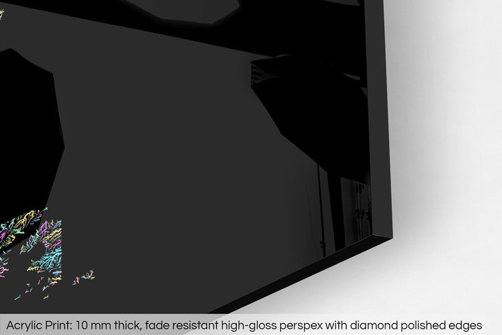 Closeup of an acrylic panel's corner, the details of a Grasshopper Geography map is visible. The text at the bottom reads: Acrylic print - 10 mm thick, fade reistant high-gloss perspex with diamond polished edges.