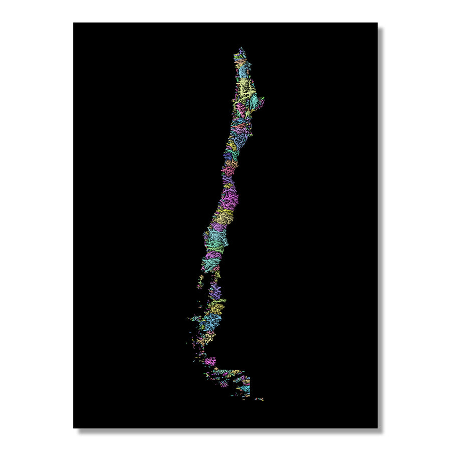 Chile - River basin map, pastel colours - Wall Art by Grasshopper Geography. Image of a high-resolution map created by geographer Robert Szucs, available as wall art and for licensing.