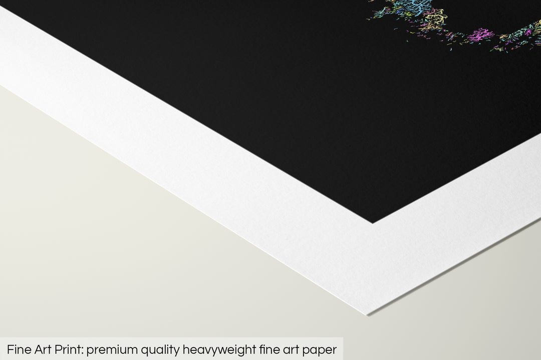 Closeup of a fine art print's corner lying on a flat surface, the details of a Grasshopper Geography map is visible. The text at the bottom reads: Fine art print - premium quality heavyweight fine art paper.