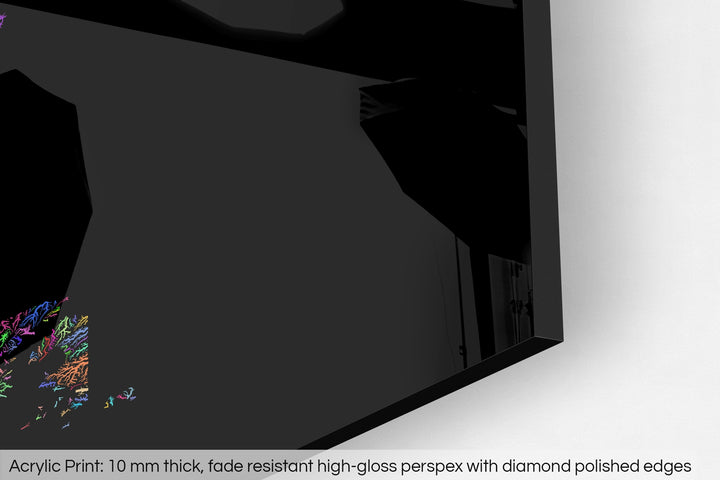 Closeup of an acrylic panel's corner, the details of a Grasshopper Geography map is visible. The text at the bottom reads: Acrylic print - 10 mm thick, fade reistant high-gloss perspex with diamond polished edges.
