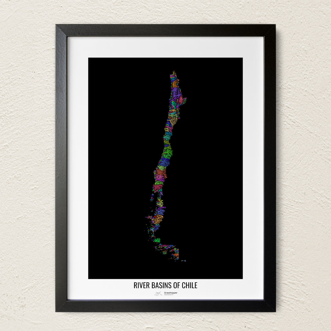 A colorful Grasshopper Geography river map on a light wall. The premium fine art poster is in a black frame with a white border. The name of the country, continent or region is printed under the image.