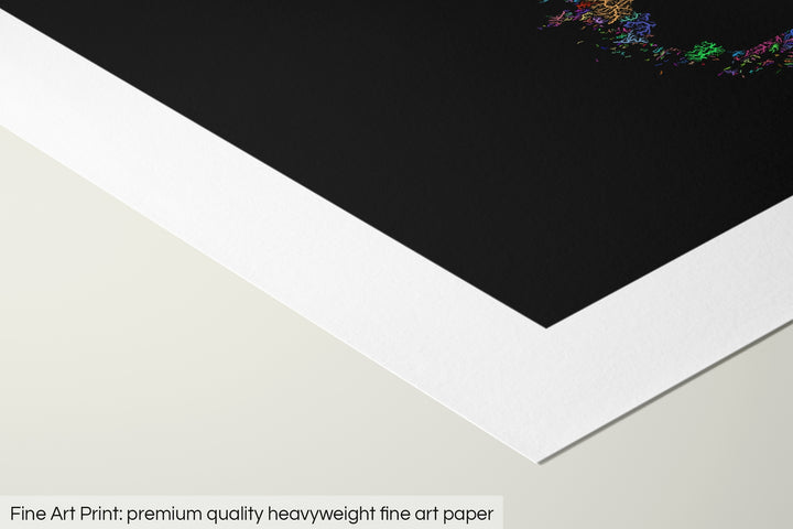Closeup of a fine art print's corner lying on a flat surface, the details of a Grasshopper Geography map is visible. The text at the bottom reads: Fine art print - premium quality heavyweight fine art paper.