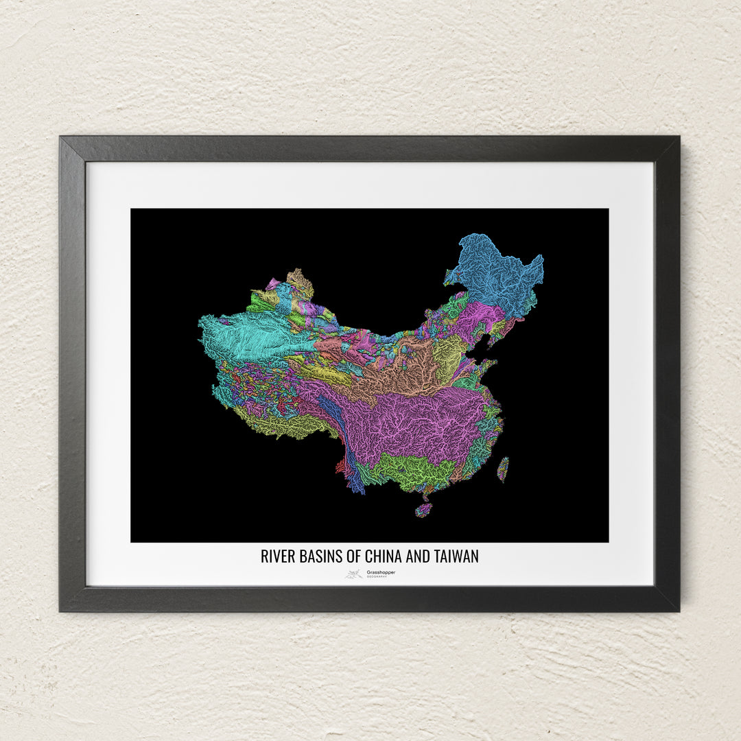 A colorful Grasshopper Geography river map on a light wall. The premium fine art poster is in a black frame with a white border. The name of the country, continent or region is printed under the image.