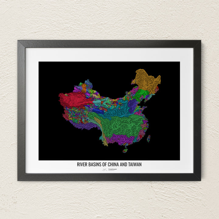 A colorful Grasshopper Geography river map on a light wall. The premium fine art poster is in a black frame with a white border. The name of the country, continent or region is printed under the image.