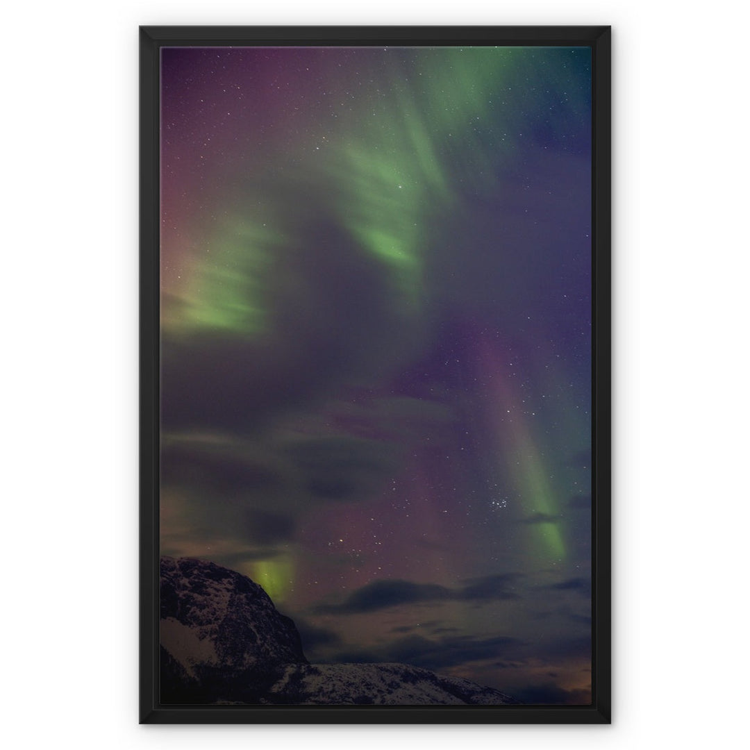Cloudy aurora above Lundøya - Framed Canvas