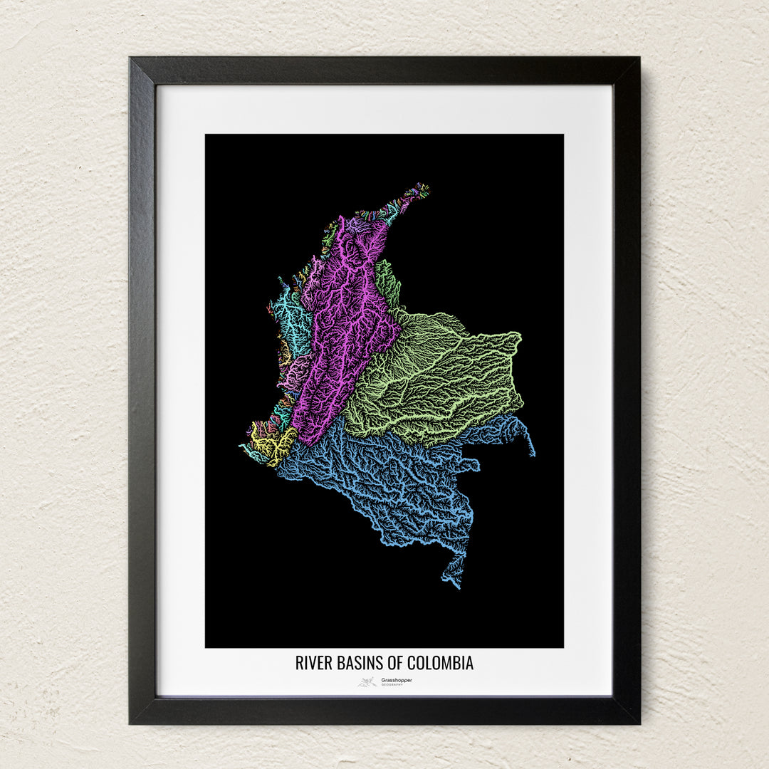 A colorful Grasshopper Geography river map on a light wall. The premium fine art poster is in a black frame with a white border. The name of the country, continent or region is printed under the image.