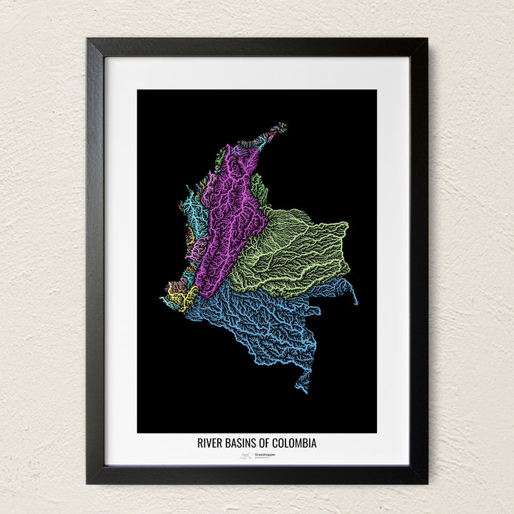 A colorful Grasshopper Geography river map on a light wall. The premium fine art poster is in a black frame with a white border. The name of the country, continent or region is printed under the image.