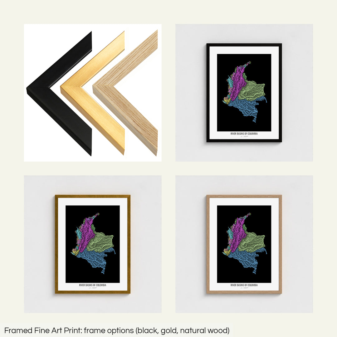 The image shows the different frames available at Grasshopper Geography's map shop: black, golden and natural wood. The image is a collection of four smaller pictures: the first one shows the wooden frames up close, the other three are mockups of the printed map in each frame.