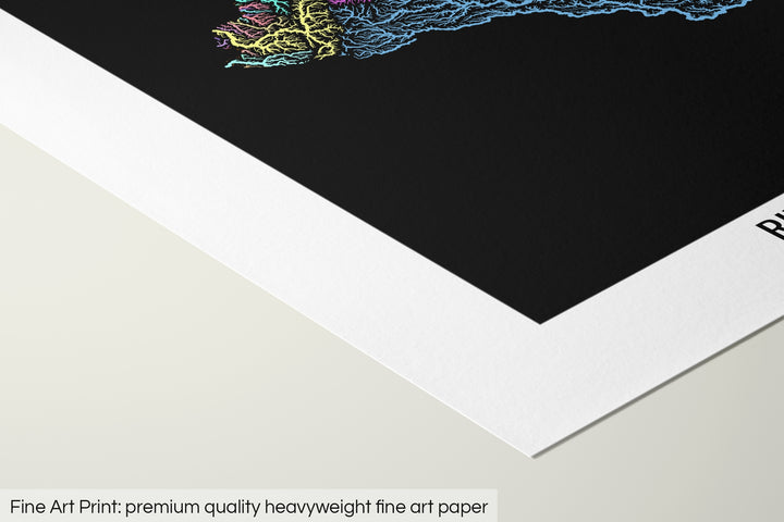 Closeup of a fine art print's corner lying on a flat surface, the details of a Grasshopper Geography map is visible. The text at the bottom reads: Fine art print - premium quality heavyweight fine art paper.