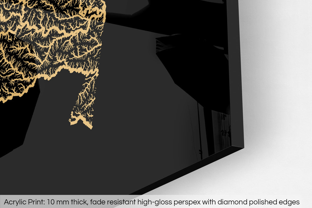 Closeup of an acrylic panel's corner, the details of a Grasshopper Geography map is visible. The text at the bottom reads: Acrylic print - 10 mm thick, fade reistant high-gloss perspex with diamond polished edges.