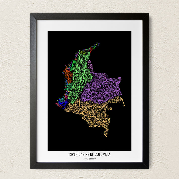 A colorful Grasshopper Geography river map on a light wall. The premium fine art poster is in a black frame with a white border. The name of the country, continent or region is printed under the image.