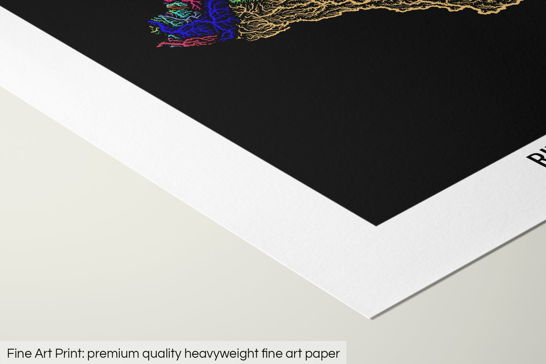 Closeup of a fine art print's corner lying on a flat surface, the details of a Grasshopper Geography map is visible. The text at the bottom reads: Fine art print - premium quality heavyweight fine art paper.