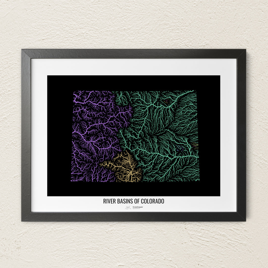 A colorful Grasshopper Geography river map on a light wall. The premium fine art poster is in a black frame with a white border. The name of the country, continent or region is printed under the image.