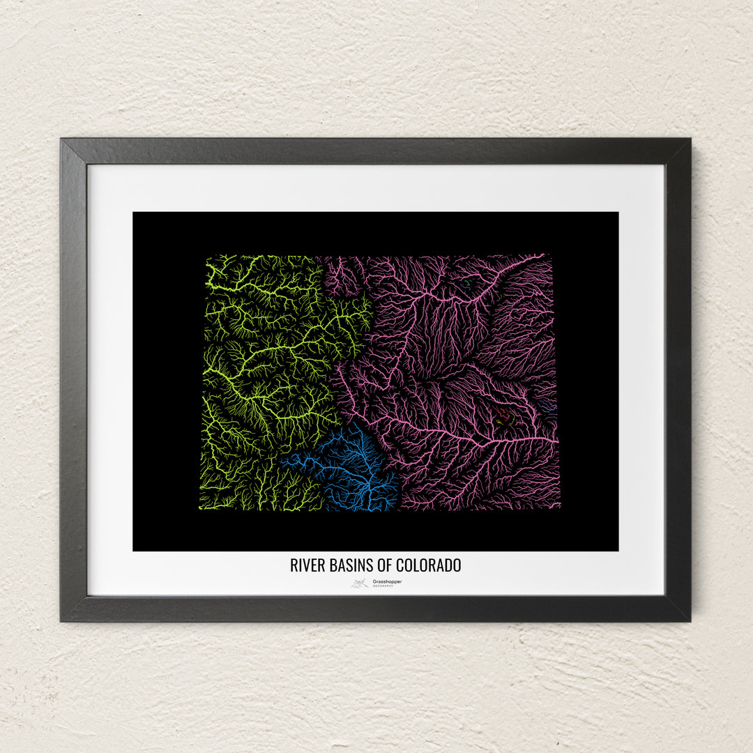 A colorful Grasshopper Geography river map on a light wall. The premium fine art poster is in a black frame with a white border. The name of the country, continent or region is printed under the image.