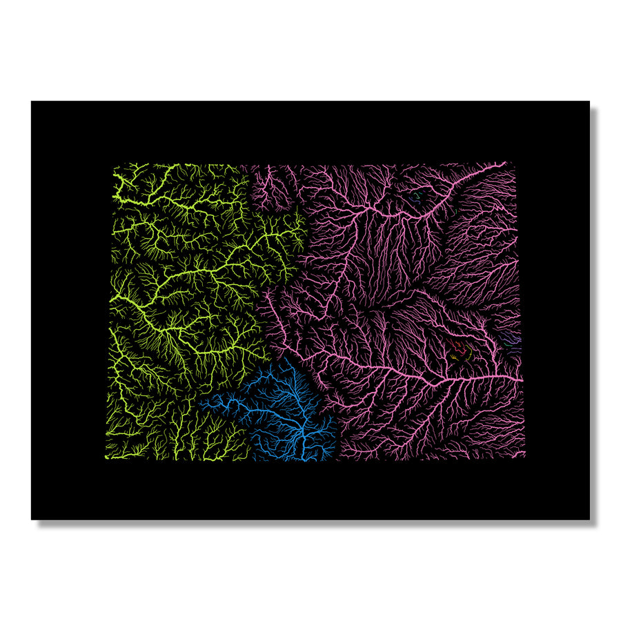 Colorado - River basin map, rainbow colours - Wall Art by Grasshopper Geography. Image of a high-resolution map created by geographer Robert Szucs, available as wall art and for licensing.