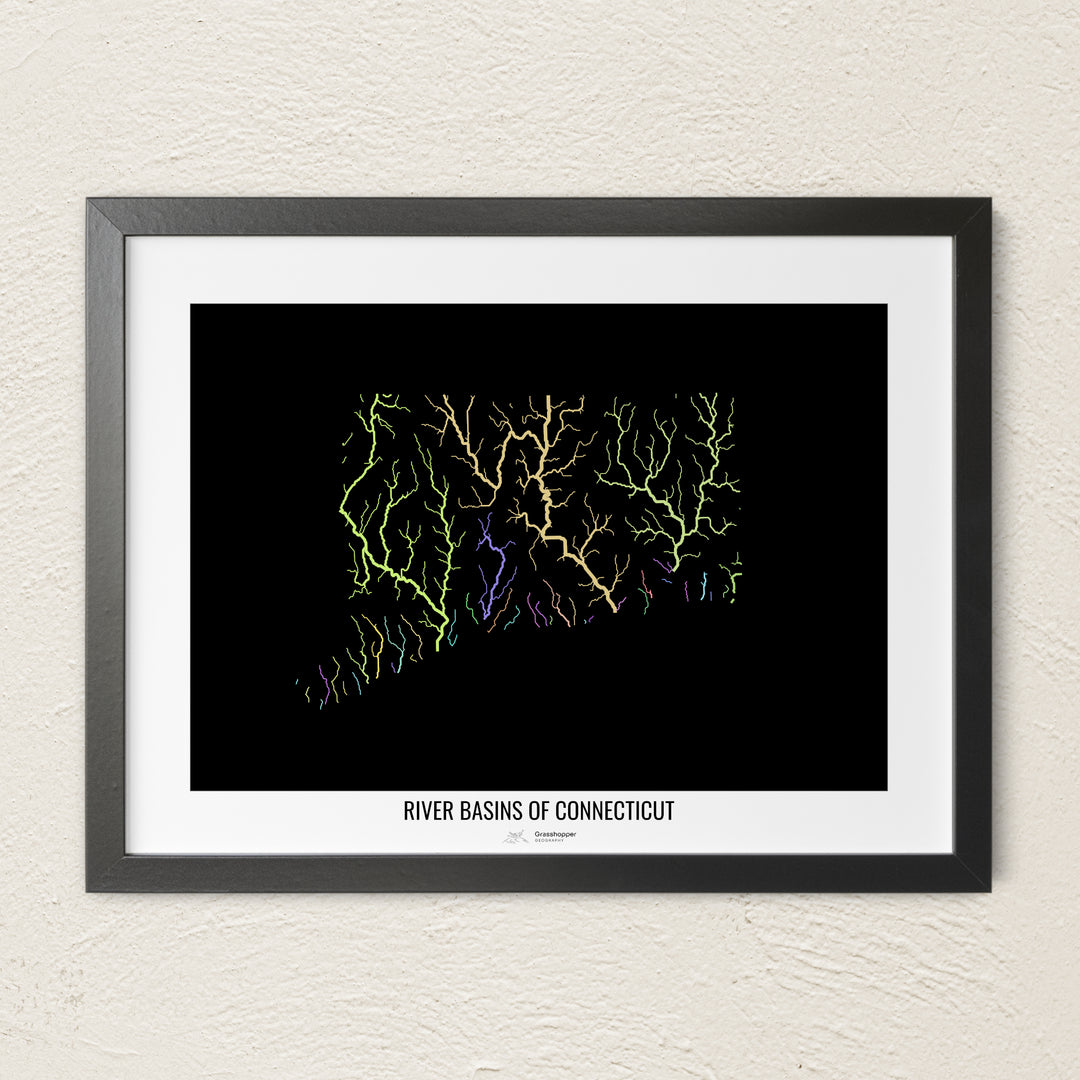 A colorful Grasshopper Geography river map on a light wall. The premium fine art poster is in a black frame with a white border. The name of the country, continent or region is printed under the image.