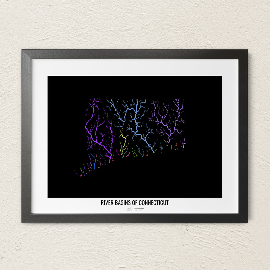 A colorful Grasshopper Geography river map on a light wall. The premium fine art poster is in a black frame with a white border. The name of the country, continent or region is printed under the image.