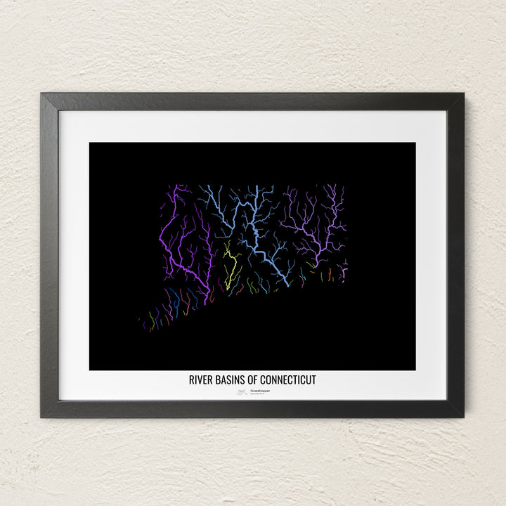 A colorful Grasshopper Geography river map on a light wall. The premium fine art poster is in a black frame with a white border. The name of the country, continent or region is printed under the image.