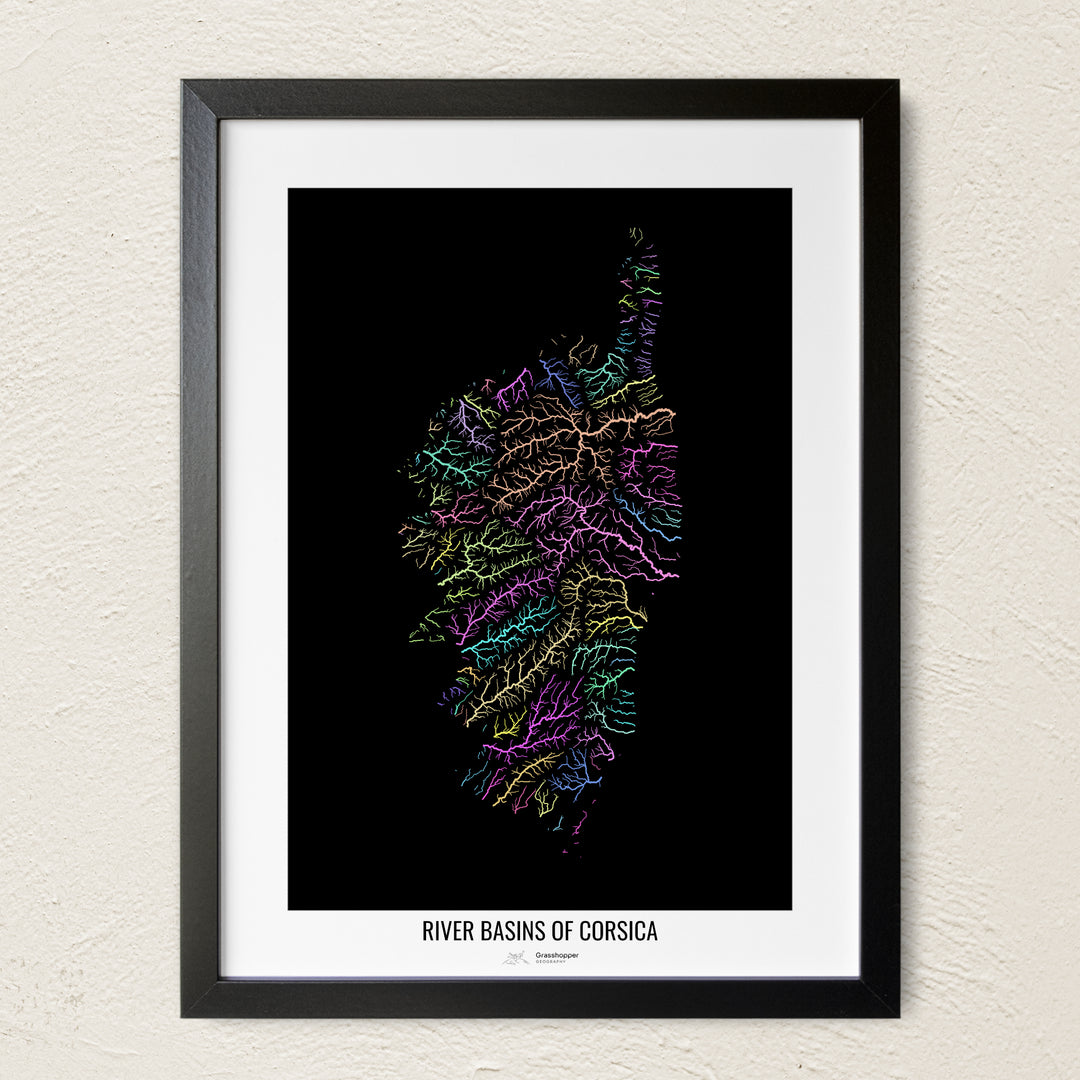 A colorful Grasshopper Geography river map on a light wall. The premium fine art poster is in a black frame with a white border. The name of the country, continent or region is printed under the image.